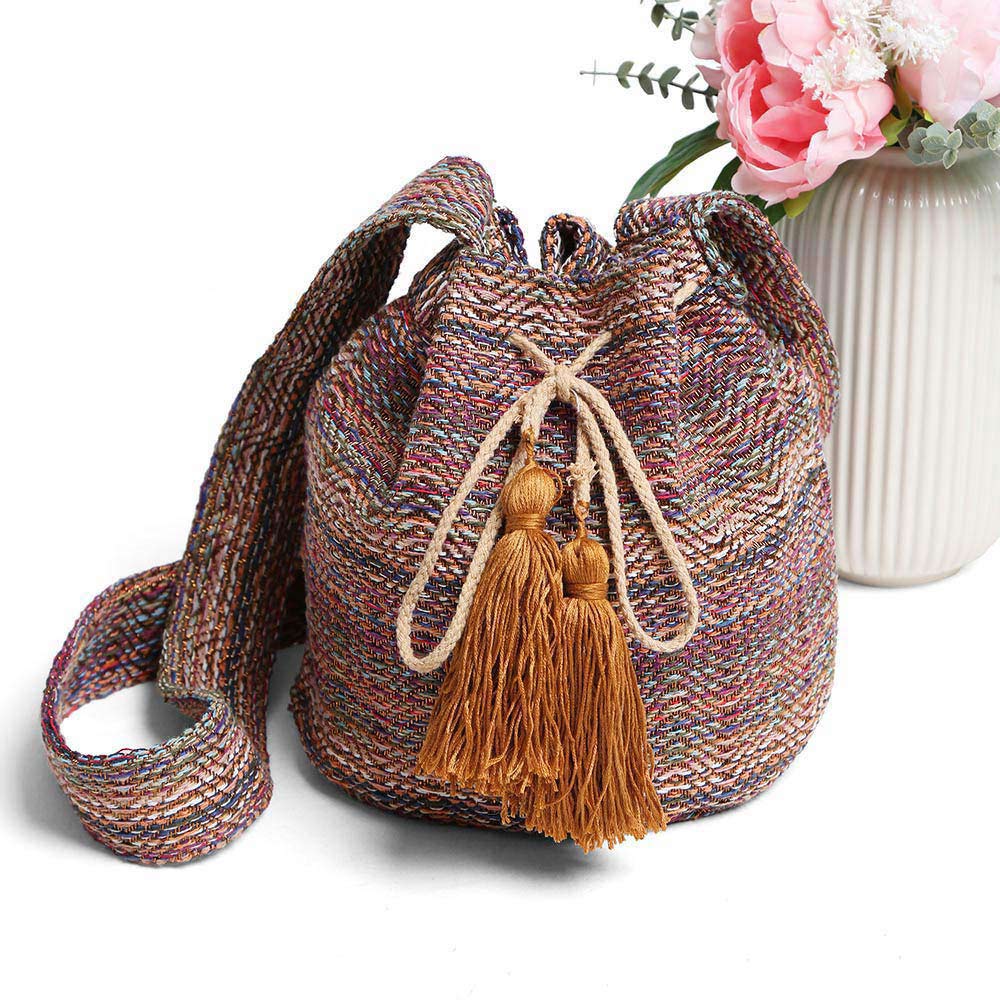 Boho Woven Tassel Bucket Shoulder Bag / Crossbody Bag