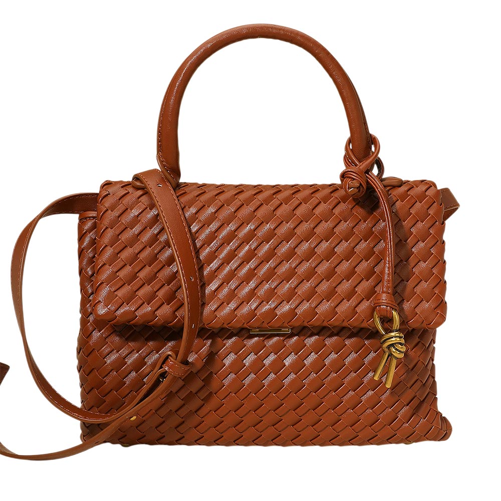 Faux Leather Woven Structured Top Handle Handbag Crossbody Bag