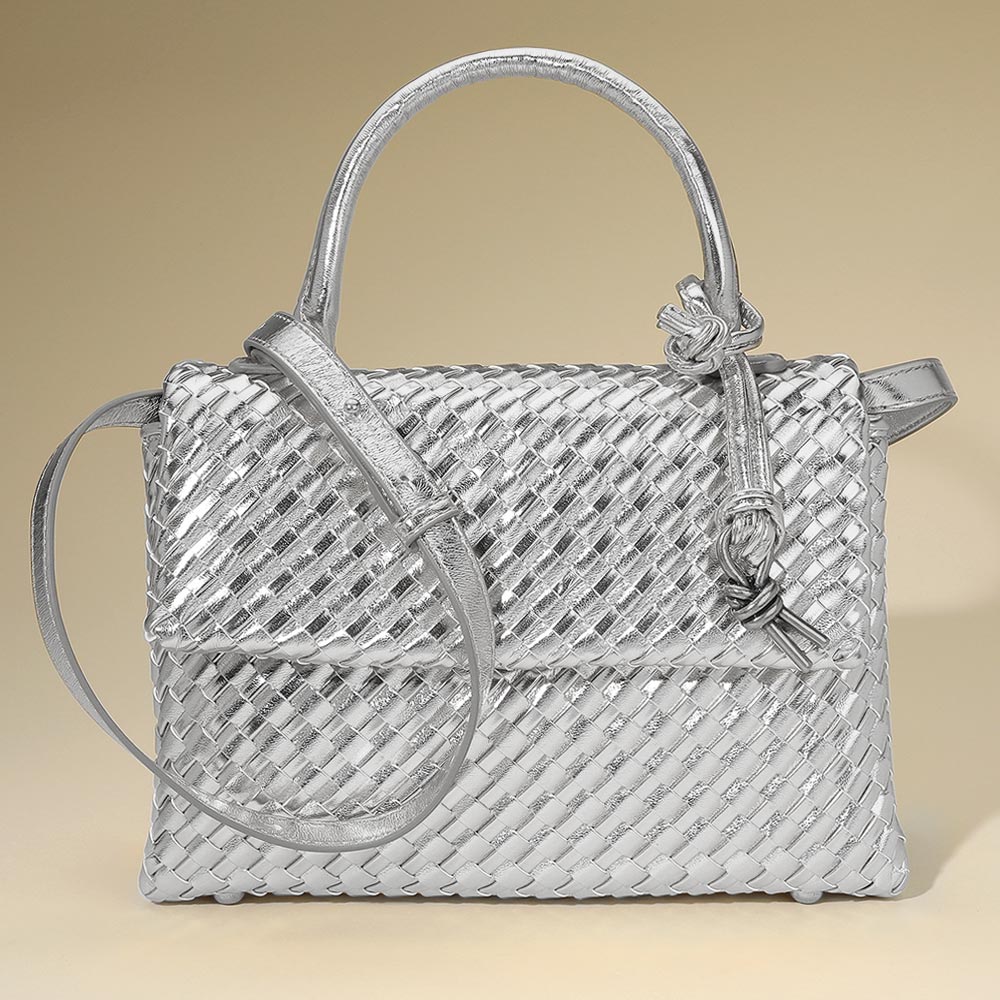 Faux Leather Woven Structured Top Handle Handbag Crossbody Bag