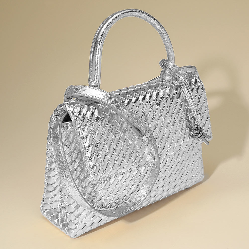 Faux Leather Woven Structured Top Handle Handbag Crossbody Bag