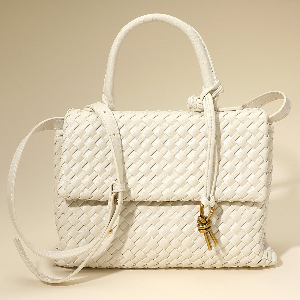 Faux Leather Woven Structured Top Handle Handbag Crossbody Bag