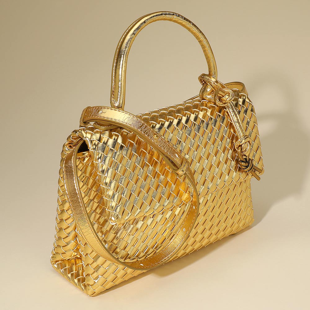 Faux Leather Woven Structured Top Handle Handbag Crossbody Bag