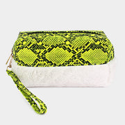 Snake Skin Patterned Faux Leather Soft Fur Wristlet Pouch Bag