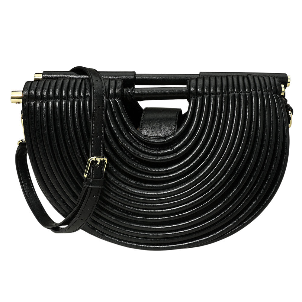 Faux Leather Unique Half Moon Structured Handbag Crossbody Bag