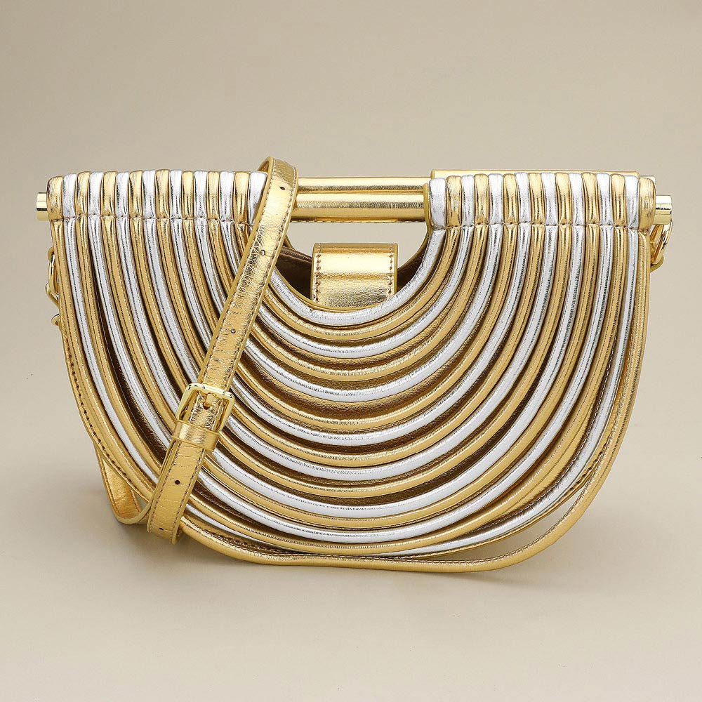 Faux Leather Unique Half Moon Structured Handbag Crossbody Bag