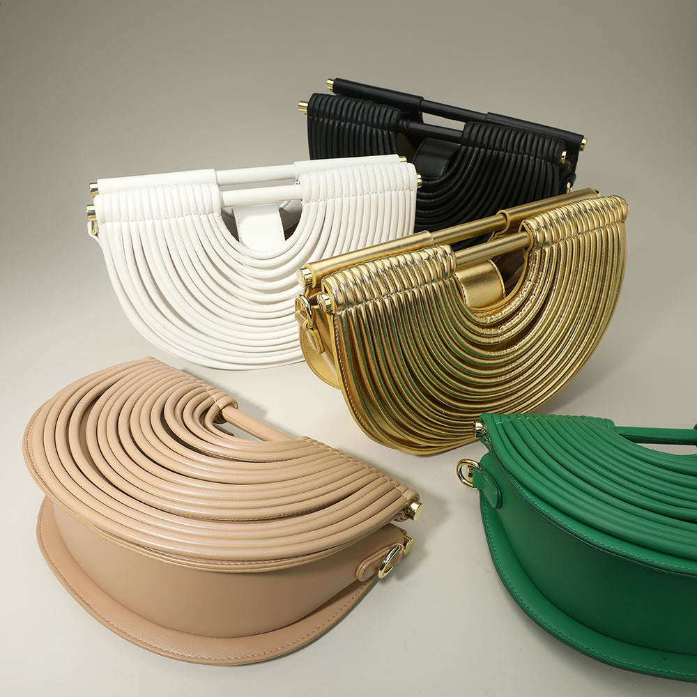 Faux Leather Unique Half Moon Structured Handbag Crossbody Bag