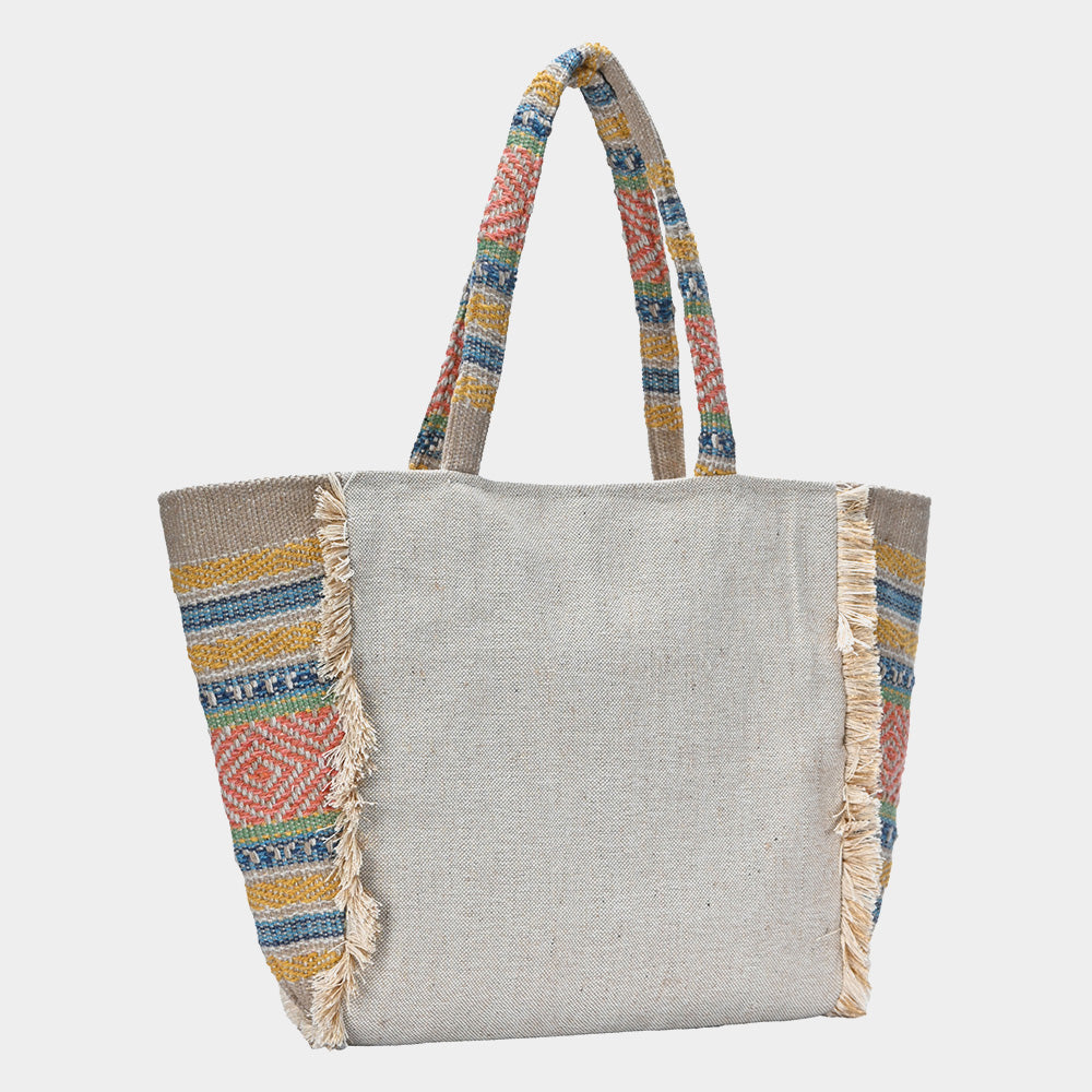 Evil Eye Seed Beaded Pointed Fringe Trim Ethnic Jute Tote Bag