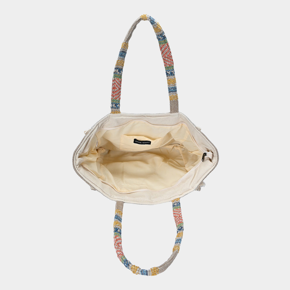Evil Eye Seed Beaded Pointed Fringe Trim Ethnic Jute Tote Bag