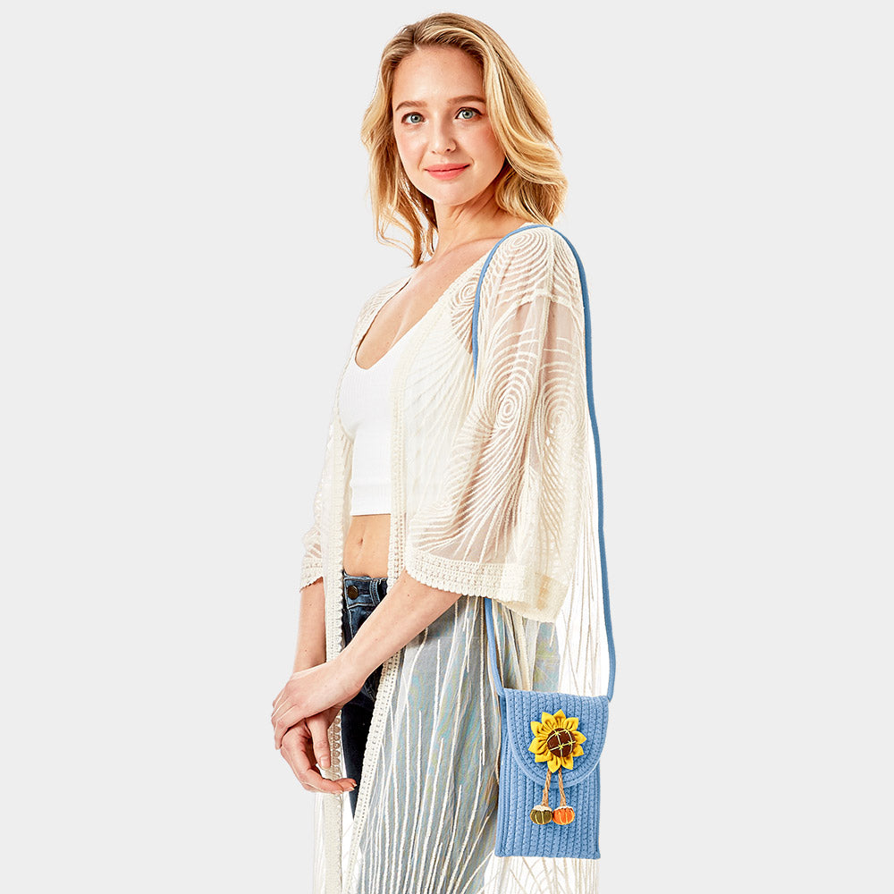 Sunflower Patch Accented Mini Straw Crossbody Bag
