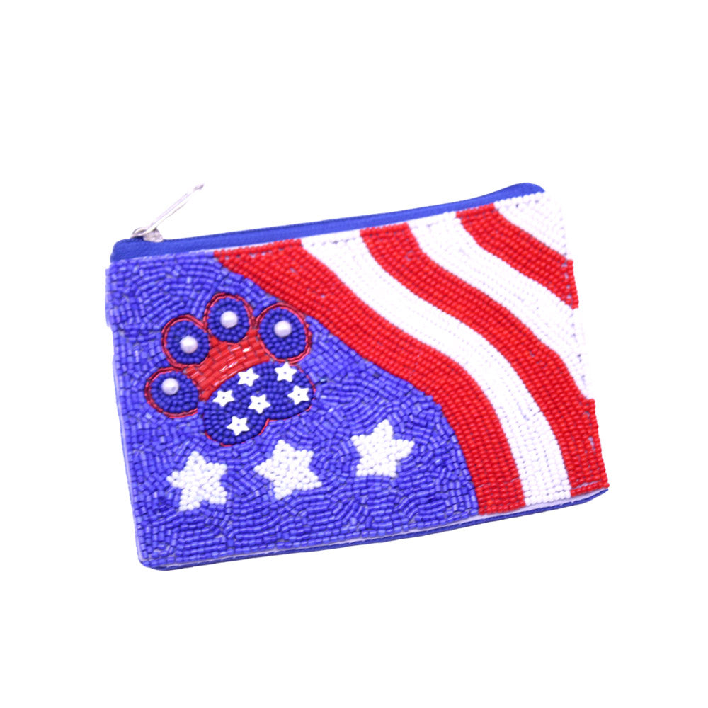 Pearl Pointed Paw American USA Flag Pattern Seed Beaded Mini Pouch Bag