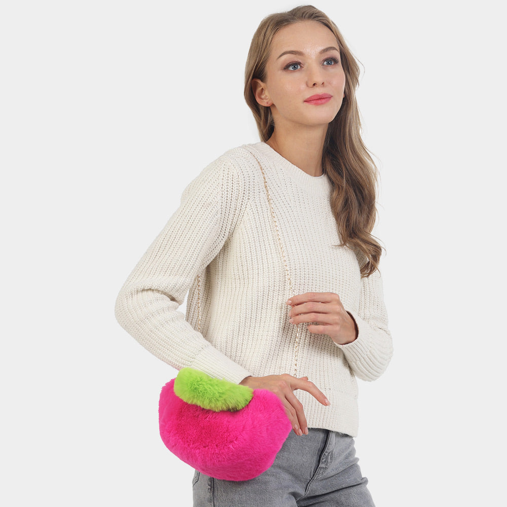 Two Tone Faux Fur Micro Tote Crossbody Bag