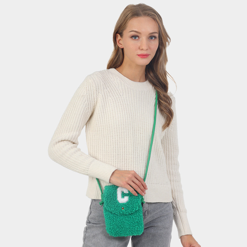 C Initial Monogram Sherpa Crossbody Cellphone Bag
