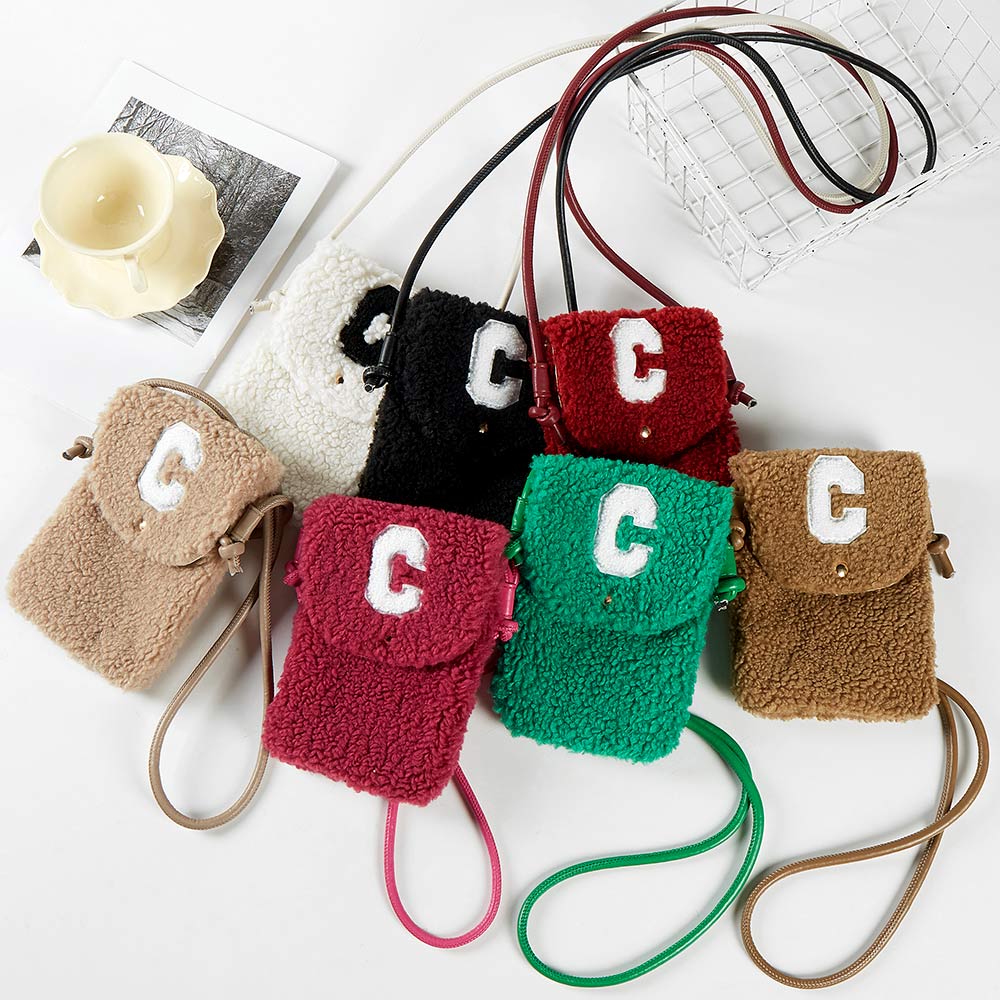 C Initial Monogram Sherpa Crossbody Cellphone Bag