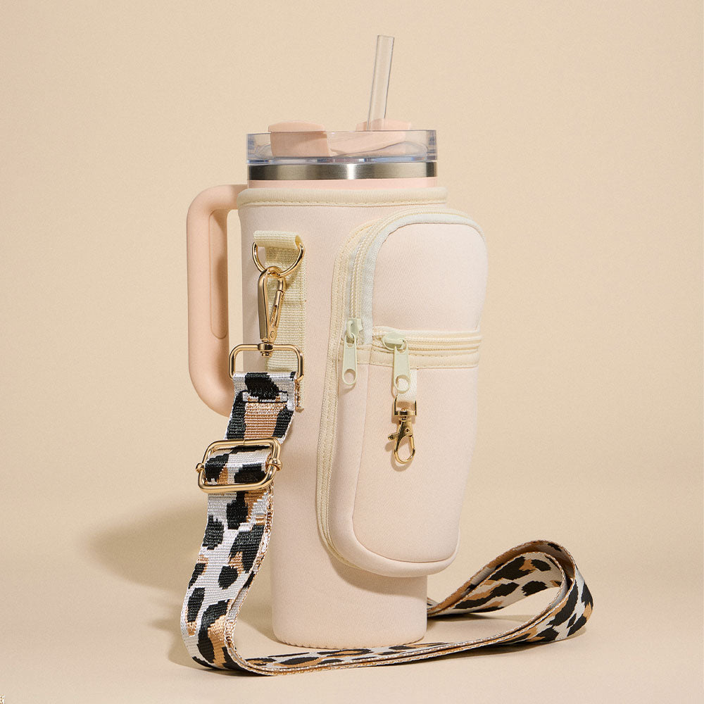 Solid Tumbler Carrier Holder Leopard Pattern Strap Crossbody Bag