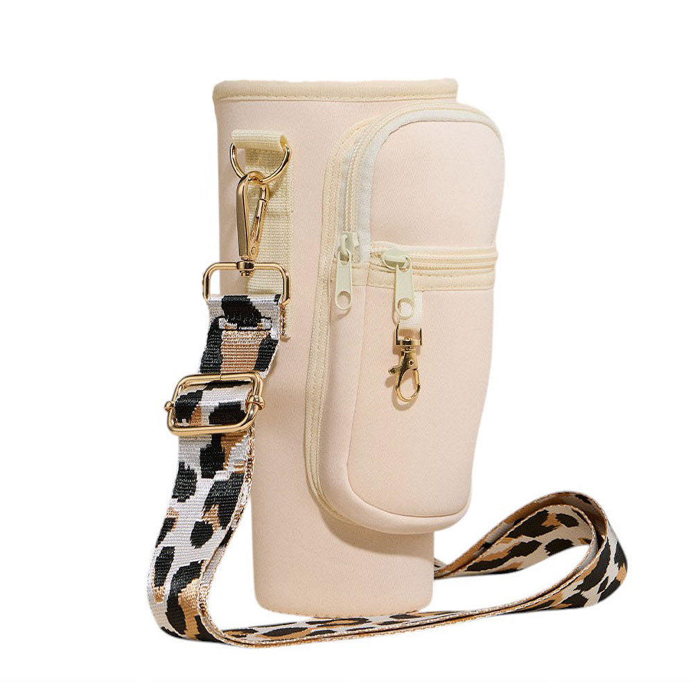 Solid Tumbler Carrier Holder Leopard Pattern Strap Crossbody Bag