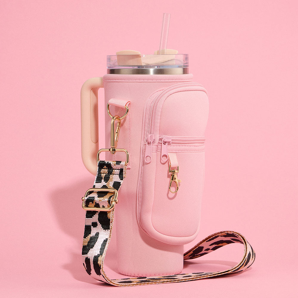 Solid Tumbler Carrier Holder Leopard Pattern Strap Crossbody Bag