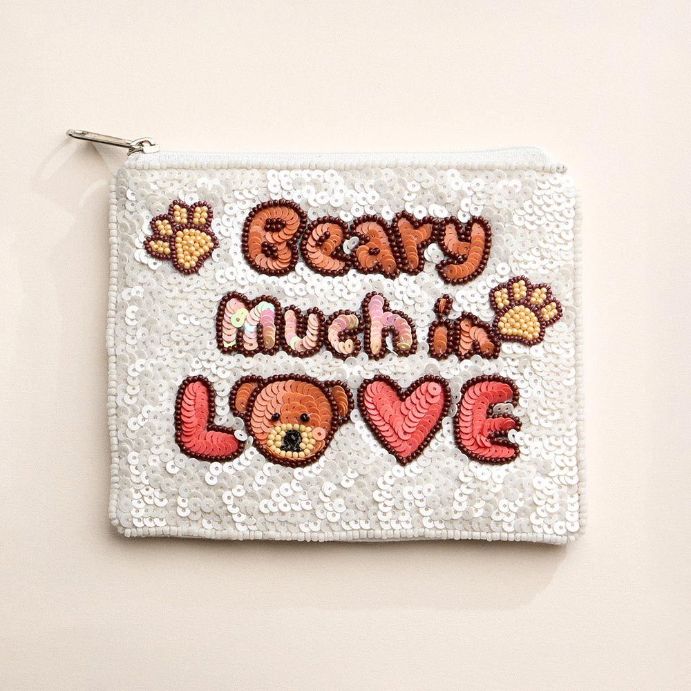 BEARY MUCH IN LOVE Message Sequin Seed Beaded Mini Pouch Bag