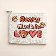 BEARY MUCH IN LOVE Message Sequin Seed Beaded Mini Pouch Bag