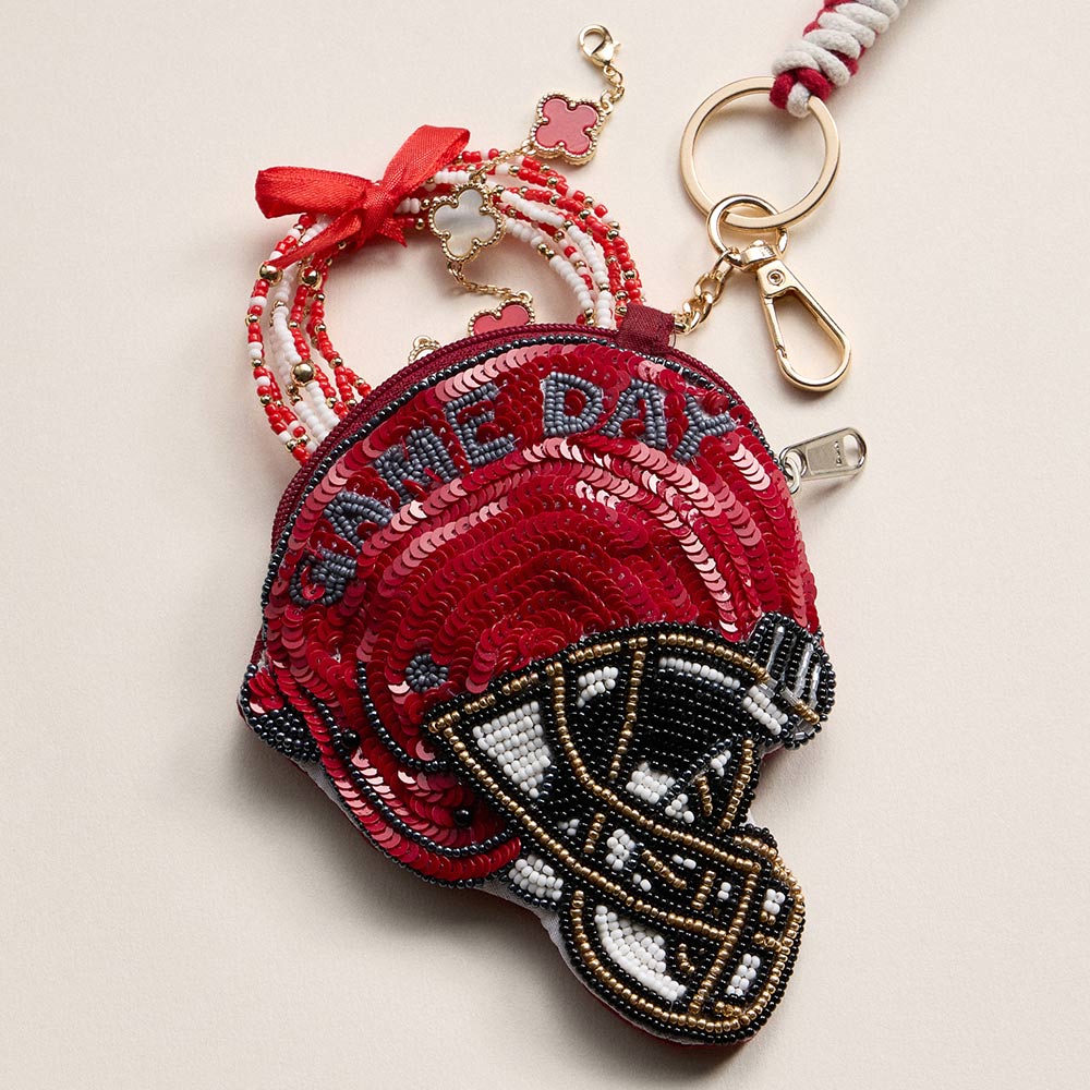 ALABAMA GAME DAY Football Helmet Sequin Seed Beaded Knot Keychain Mini Pouch Bag