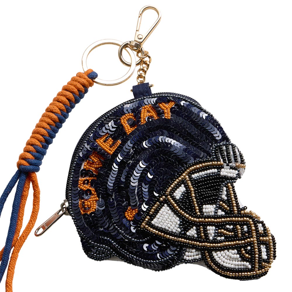 AUBURN GAME DAY Football Helmet Sequin Seed Beaded Knot Keychain Mini Pouch Bag