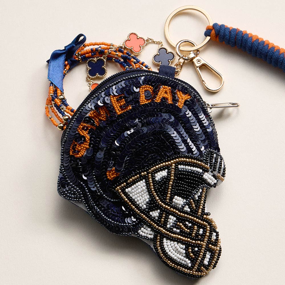 AUBURN GAME DAY Football Helmet Sequin Seed Beaded Knot Keychain Mini Pouch Bag