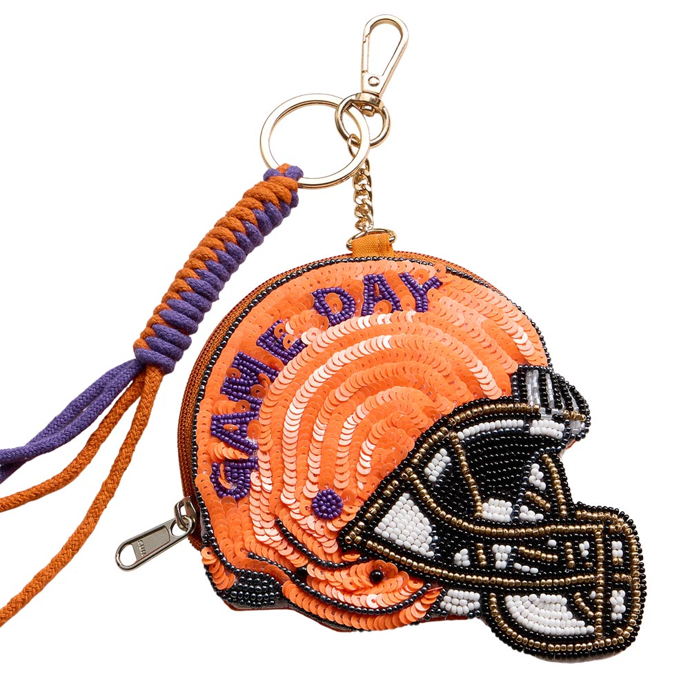 CLEMSON GAME DAY Football Helmet Sequin Seed Beaded Knot Keychain Mini Pouch Bag