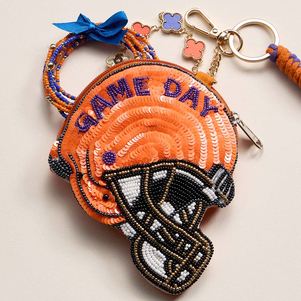 CLEMSON GAME DAY Football Helmet Sequin Seed Beaded Knot Keychain Mini Pouch Bag