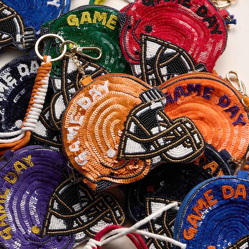 CLEMSON GAME DAY Football Helmet Sequin Seed Beaded Knot Keychain Mini Pouch Bag