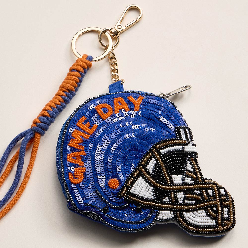 FLORIDA STATE GAME DAY Football Helmet Sequin Seed Beaded Knot Keychain Mini Pouch Bag