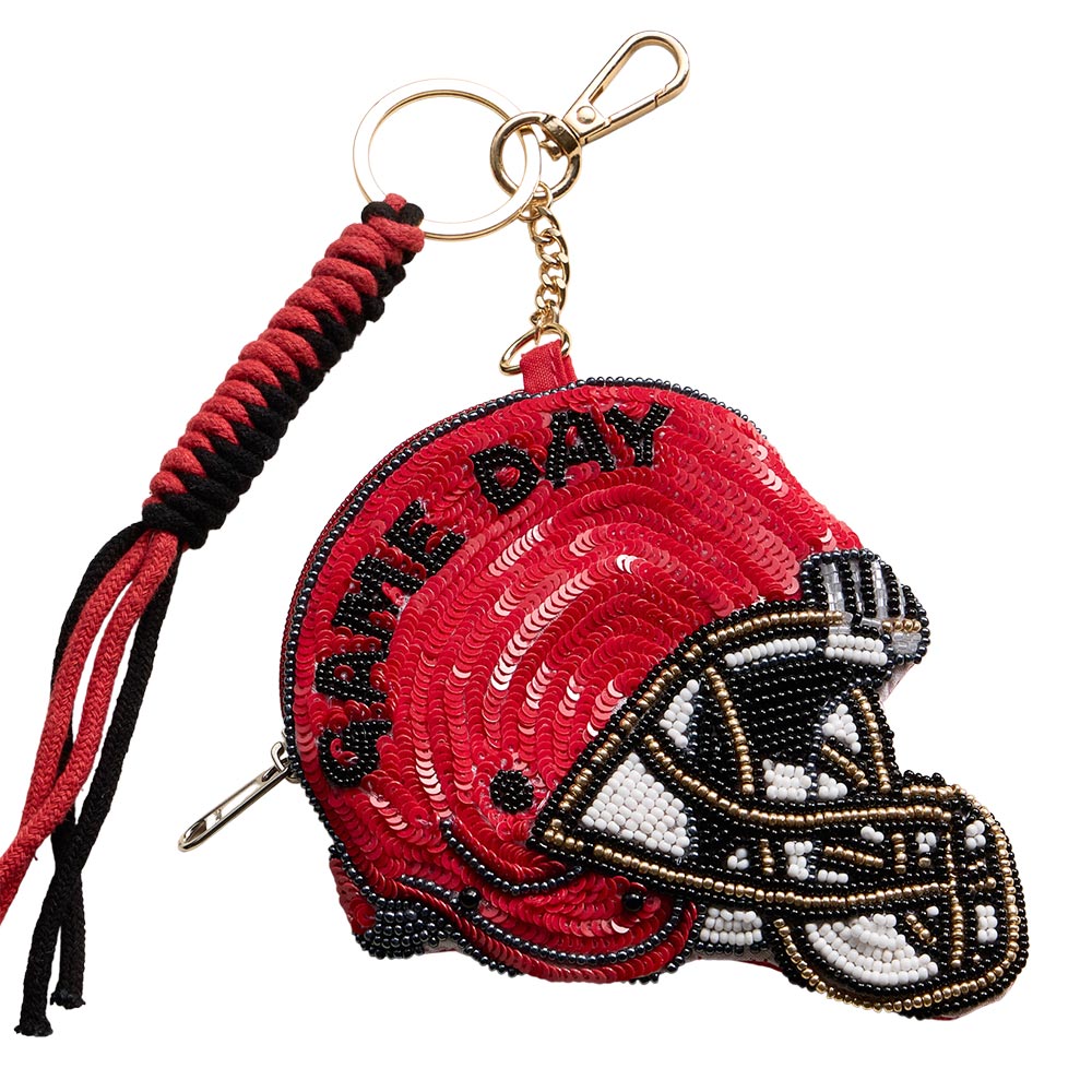 GEORGIA GAME DAY Football Helmet Sequin Seed Beaded Knot Keychain Mini Pouch Bag