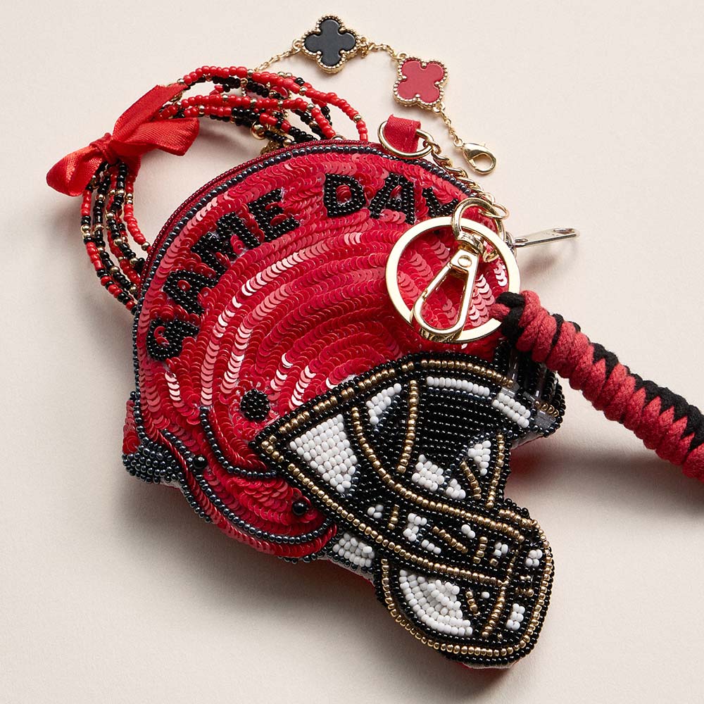 GEORGIA GAME DAY Football Helmet Sequin Seed Beaded Knot Keychain Mini Pouch Bag