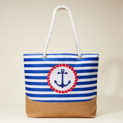 Anchor Printed Striped Rope Handle Beach Tote Bag