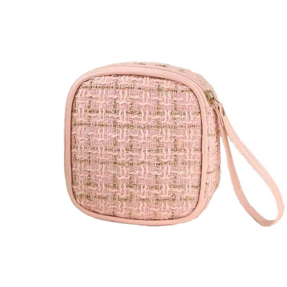 Tweed Portable Cosmetic Pouch Bag with Wristlet