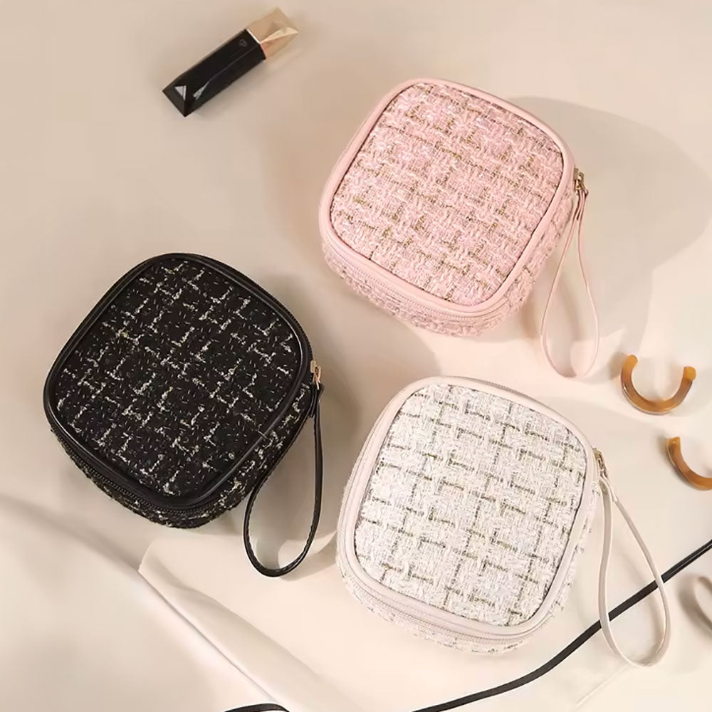 Tweed Portable Cosmetic Pouch Bag with Wristlet