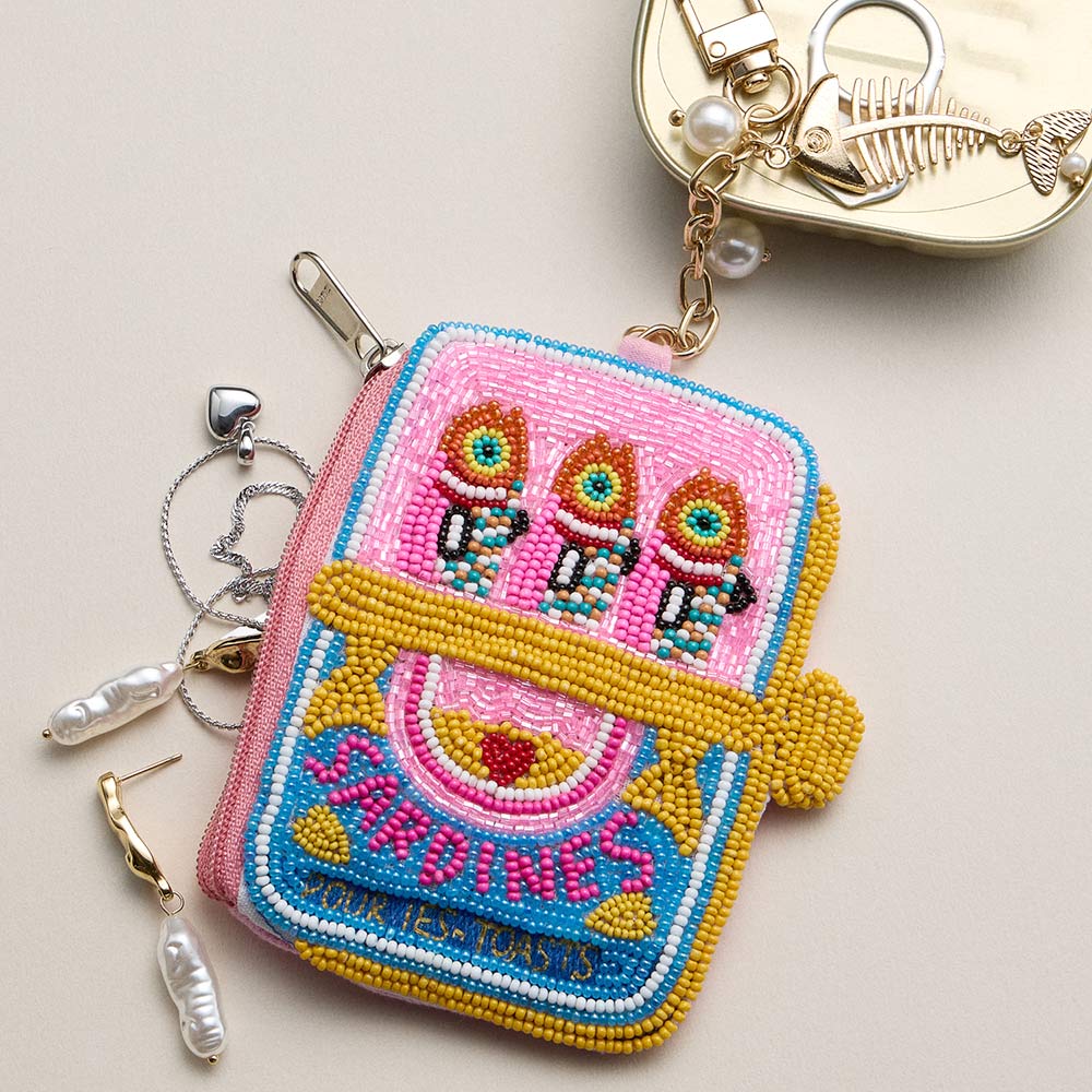 Fishbone Pearl Charm Keychain Sardine Can Seed Beaded Mini Pouch Bag