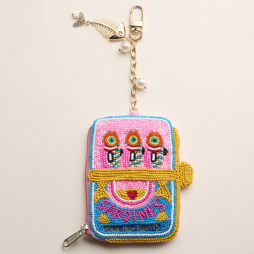 Fishbone Pearl Charm Keychain Sardine Can Seed Beaded Mini Pouch Bag