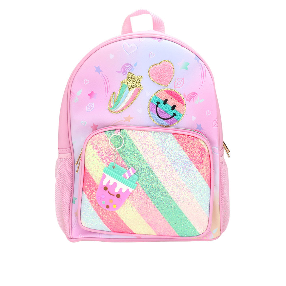 HOT FOCUS - Smile Heart Shooting Star Patch Decorative Deluxe Backpack with a Fun Boba Keychain