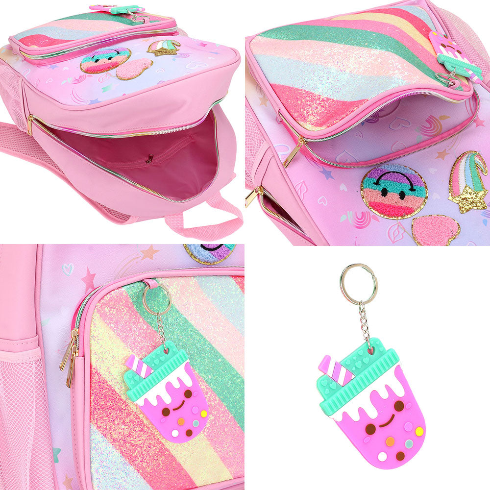 HOT FOCUS - Smile Heart Shooting Star Patch Decorative Deluxe Backpack with a Fun Boba Keychain