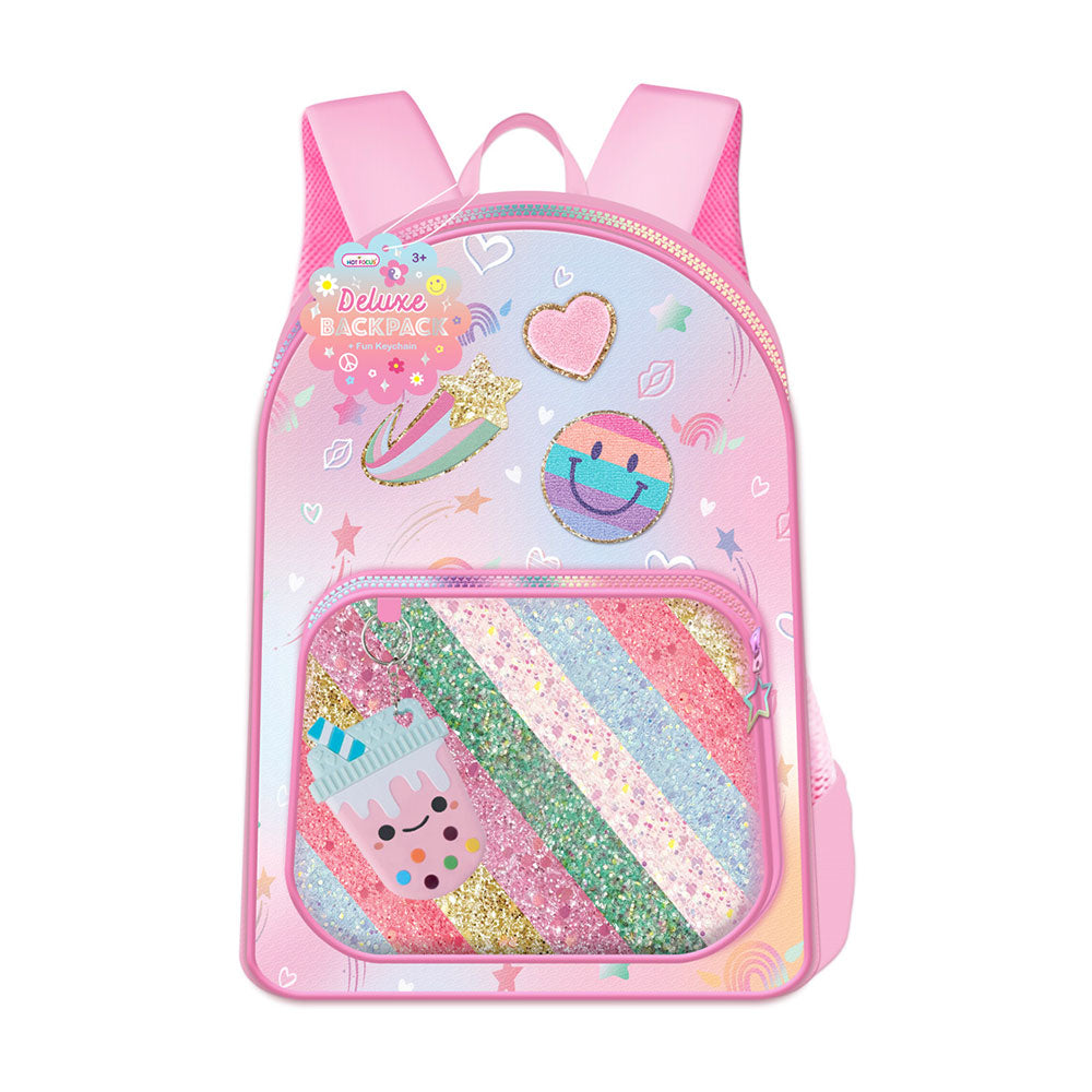 HOT FOCUS - Smile Heart Shooting Star Patch Decorative Deluxe Backpack with a Fun Boba Keychain