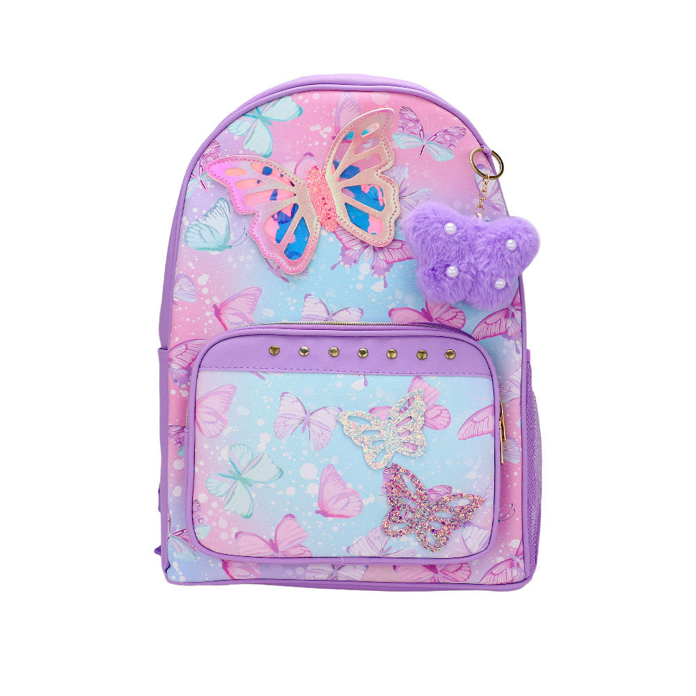 HOT FOCUS - Butterfly Patch Decorative Deluxe Backpack with a Pom Pom Keychain