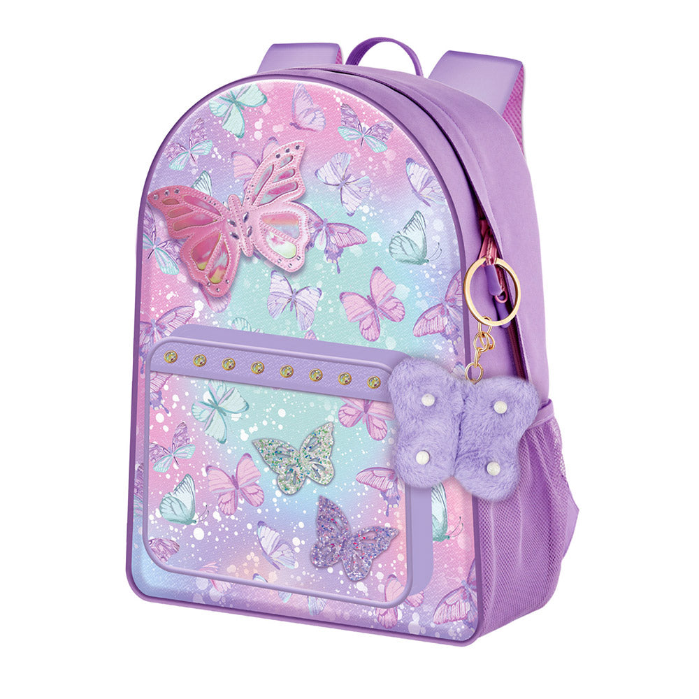 HOT FOCUS - Butterfly Patch Decorative Deluxe Backpack with a Pom Pom Keychain
