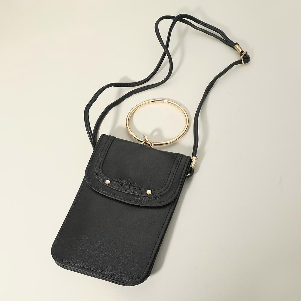 Metal Ring Handle Faux Leather Mini Phone Pouch Clutch Bag / Crossbody Bag
