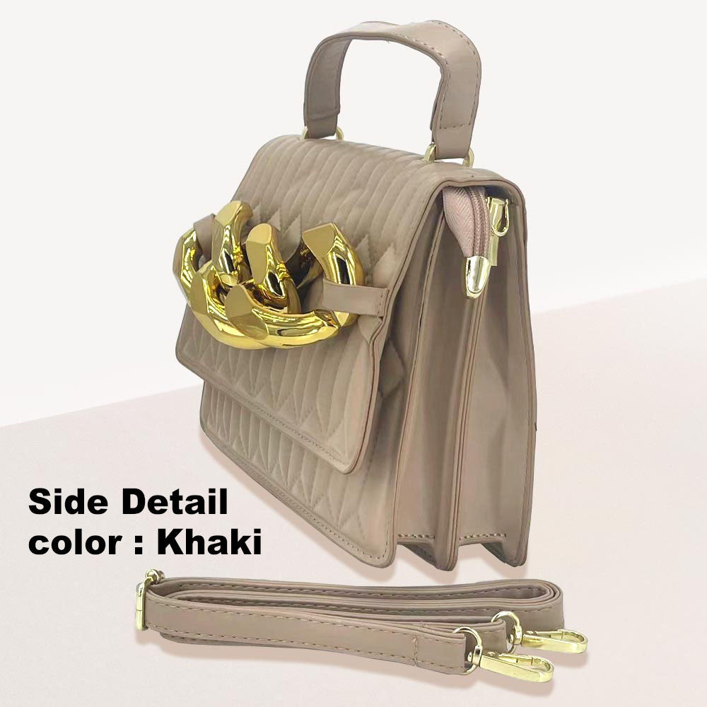 Chunky Metal Trim Accented Faux Leather Top Handle Crossbody Bag
