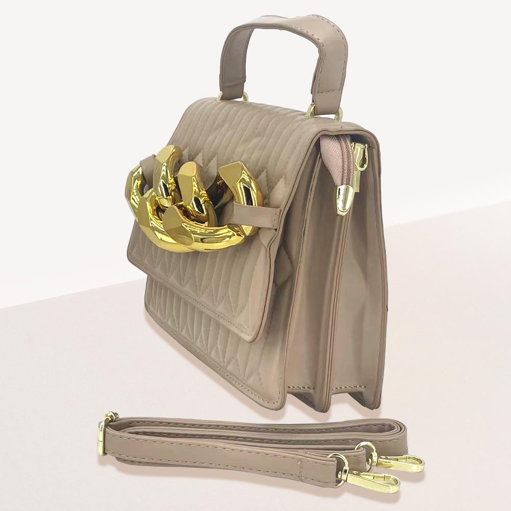 Chunky Metal Trim Accented Faux Leather Top Handle Crossbody Bag