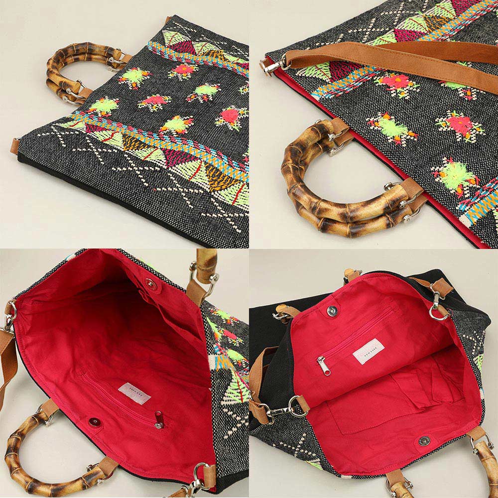 Handwoven Embroidery Boho Pattern Bamboo Handle Tote / Crossbody Bag