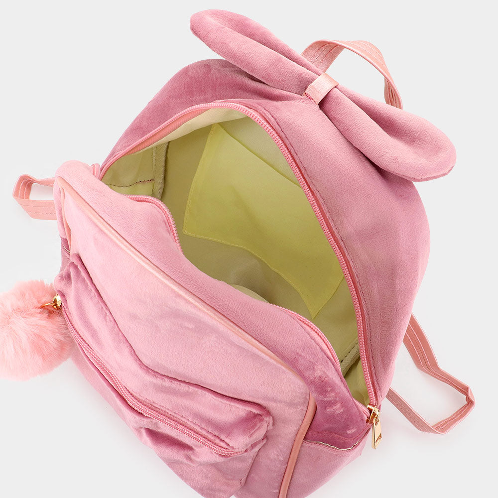 Bow Pointed Solid Faux Fur Pom Pom Backpack Bag