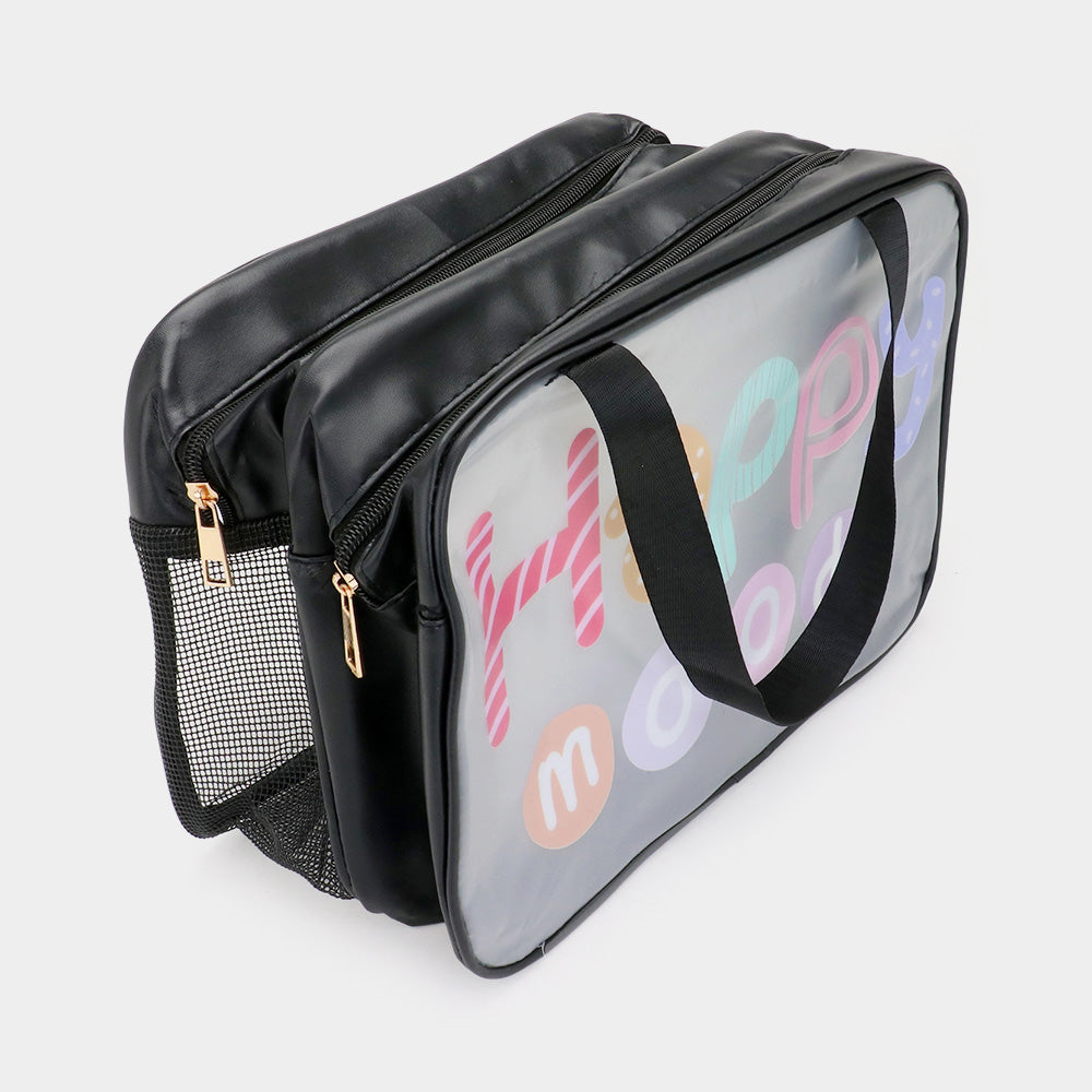 HAPPY MOOD Message Printed Translucent Mesh Divided Shoulder Bag / Tote Bag