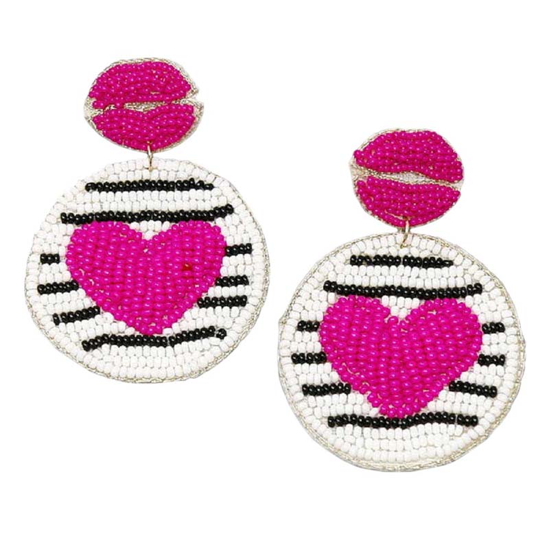Heart And Lips Seed Bead Disc Earrings