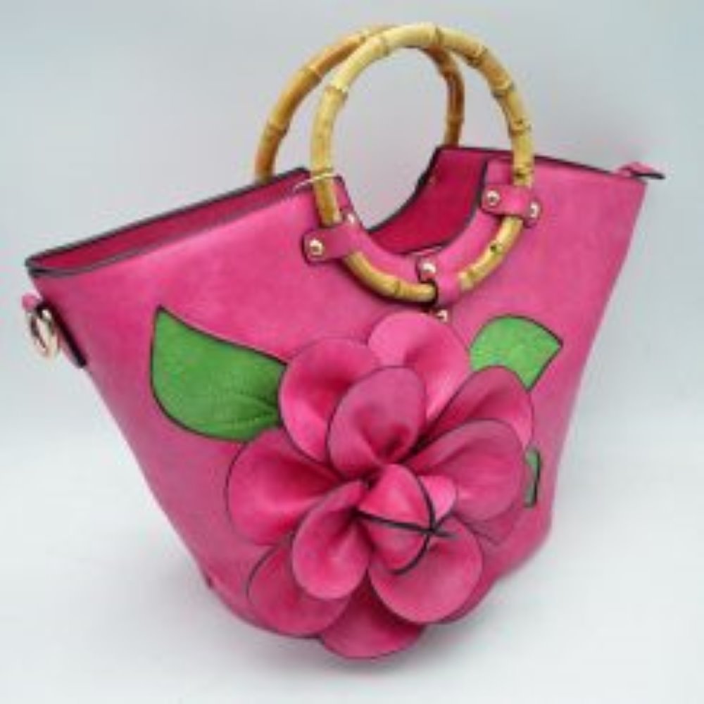 Floral Applique Tote Bag with Segmented Round Top Handles