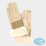 Two Tone And Stitch Lines Faux Fur Cuff Smart Touch Gloves